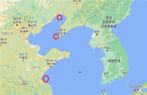 중국군 황해 실사격 훈련지점, 붉은색 동그라미 맨 아래쪽이 장쑤성 롄윈강시 앞바다. /연합뉴스