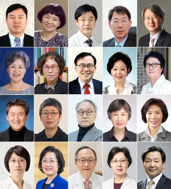 (왼쪽 위부터 최승원(법학전문대학원), 송기정(불어불문학), 전주성(경제학), 정동열(문헌정보학), 유의선(커뮤니케이션·미디어학), 박동숙(커뮤니케이션·미디어학), 이외숙(통계학), 박석순(환경공학), 함영림(건반악기), 강영근(한국음악), 이종목(동양화), 우순옥(서양화), 조재경(디자인학), 차영순(섬유예술), 강혜련(경영학), 김명옥(국제사무학), 이명선(융합보건학), 유권(의학), 백승연(의학), 이승진(약학) 교수. 사진 이화여자대학교 *재판매 및 DB 금지