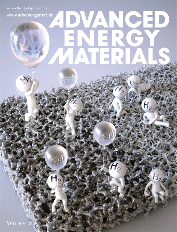 연구진이 개발한 다공성 수전해 전극에 코팅된 수화젤은 수소 기체를 전극 표면에서 제거하는 역할을 한다. 사진은 '어드밴스드 에너지 머터리얼즈(Advanced Energy Materials)'의 표지논문. UNIST 제공
