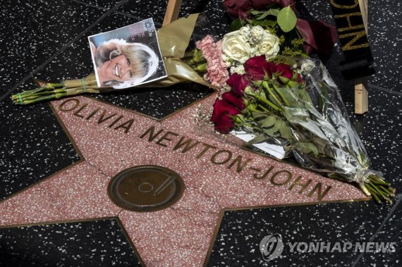 미국 로스앤젤레스 할리우드 명예의 거리에 새겨진 뉴턴 존의 이름. 옆에 사진과 꽃이 놓여 있다.<div id='ad_body3' class='mbad_bottom' ></div> epa10111934 Flowers and photos are displayed next to the star of Australian singer and actress Olivia Newton-John on the Hollywood Walk of Fame in Hollywood, California, USA, 08 August 2022. Newton-John has died aged 73 on 08 August 2022, her hus