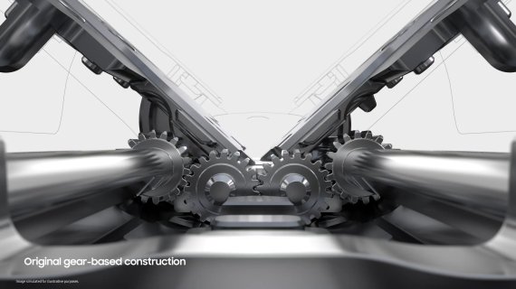 기존 갤럭시Z 폴드 시리즈 힌지 설계 (갤럭시 언팩 영상 갈무리)