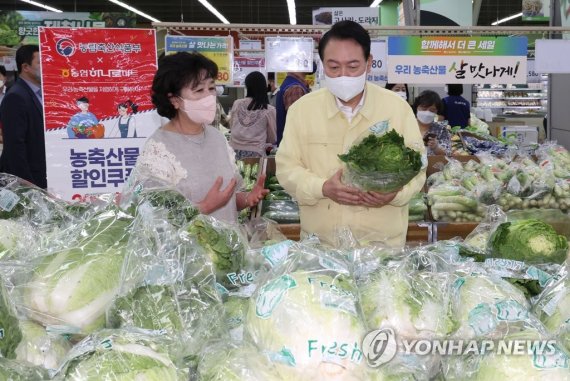 채소 물가 상황 점검하는 윤석열 대통령 (서울=연합뉴스) 안정원 기자 = 윤석열 대통령이 11일 서울 서초구 양재동 하나로마트 양재점에서 채소 물가 상황을 점검하고 있다. 2022.8.11 jeong@yna.co.kr (끝)