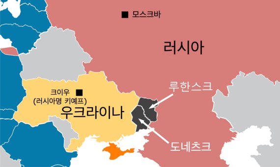 우크라이나 동부 돈바스 지역 내 루한시크와 도네츠크 위치. 주황색은 지난 2014년 러시아가 강제 병합한 크름반도(크림반도). 자료=VOA(미국의소리) 홈페이지 캡처