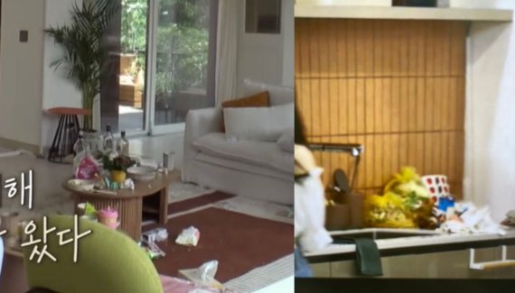 '환승연애2' 숙소 거실 및 주방 상태. 주방 한 쪽에 음식물 쓰레기가 쌓여 방치돼 있었다. ('환승연애2' 갈무리) ⓒ 뉴스1