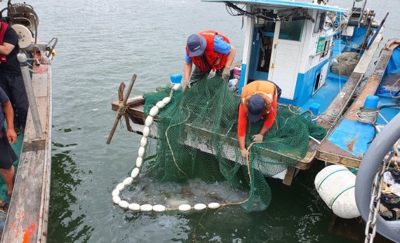 남해안은 지금 해파리와의 전쟁 (경남 고성=연합뉴스) 고수온 여파로 남해안에 해파리 개체 수가 급격히 늘면서 조업에 방해를 받은 어민이 출항을 포기하는 일이 발생하고 있다. 사진은 지난 17일 경남 고성만해역에서 어민이 해파리가 가득한 그물을 끌어올리는 모습. 2022. 8. 18 [연합뉴스TV 박현진씨 제공. 재판매 및 DB 금지]