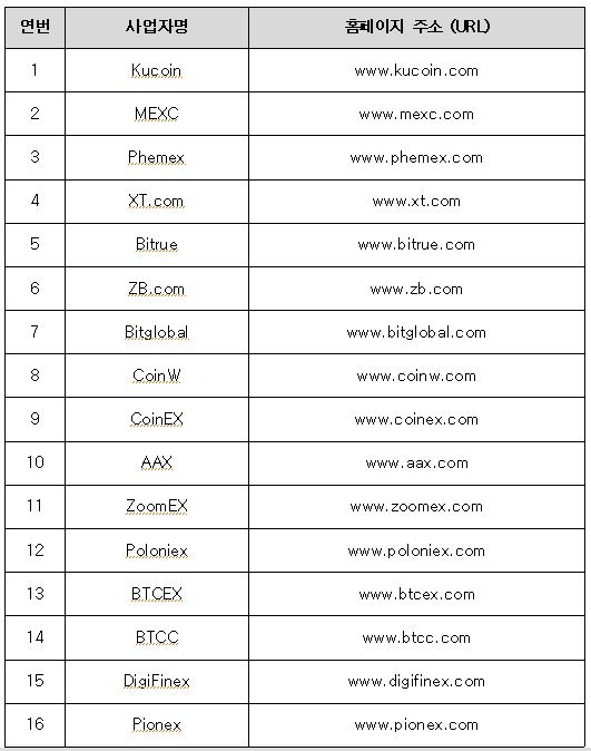 미신고 외국 가상자산사업자 명단 / 자료=금융위원회 제공