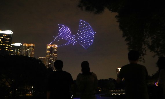 18일 서울 성동구 서울숲에서 그린피스가 개최한 해양보호 드론쇼 중 300대의 드론으로 만들어진 바다거북이가 도심 위로 헤엄 치고 있다. 2022.8.18/뉴스1 ⓒ News1 장수영 기자