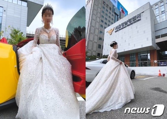 비키니를 입고 강남 일대를 질주한 여성이 웨딩드레스 차림으로 경찰 조사에 출석했다. (인스타그램 갈무리) ⓒ 뉴스1