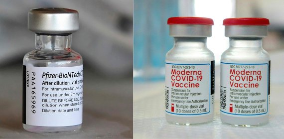 화이자-바이오엔테크가 공동한 개발한 코로나19 백신(왼쪽)과 모더나에서 개발한 백신. 두 제품 모두 mRNA 기술로 제조된 백신들이다.AFP연합뉴스