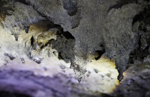 [제주=뉴시스] 우장호 기자 = 유네스코 세계자연유산과 천연기념물로 지정된 제주 '벵뒤굴'이 25일 문화재청 허가로 잠시 공개됐다. 벵뒤굴은 약 1만년 전 거문오름에서 분출한 용암이 지대가 평평한 곳을 흐르면서 여러 갈래로 갈라져 소용돌이 치듯 돌며 형성된 용암 구조를 확인할 수 있는 곳이다. 제주 4·3 당시 토벌대를 피하려려는 제주도민들의 은신처이기도 했다. 4·3때 쌓은 돌무더기 모습. 2022.08.25. woo1223@newsis.com