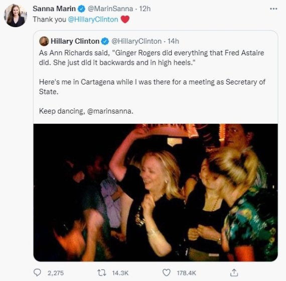 산나 마린 핀란드 총리는 하트 이모티콘을 보내며 클린턴 전 장관의 트윗에 화답했다. (산나 마린 총리 트위터) /사진=뉴스1