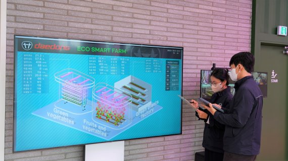 서울 서초구에 위치한 대동 서울사무소에 있는 스마트 팜에서 연구원들이 스마트팜의 운영 상태를 확인하고 있다. 대동 제공