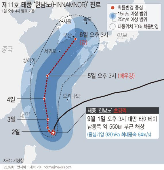 역대 최악 태풍 '매미' '차노' 합친 위력이라는 '힌남노' 대한해협으로 온다