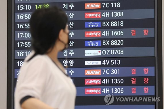 태풍 힌남노에 항공편 속속 결항 태풍 힌남노에 항공편 속속 결항 (서울=연합뉴스) 신현우 기자 = 태풍 힌남노가 한반도를 향해 북상 중인 5일 오후 서울 강서구 김포국제공항 국내선 청사 운항 안내판에 항공편 결항 안내가 표시돼 있다. 한국공항공사에 따르면 이날 오후 2시 기준 김포와 제주, 김해 등 전국 공항에서 항공기 결항이 총 361편 발생했다. 2022.9.5 nowwego@yna.co.kr (끝)