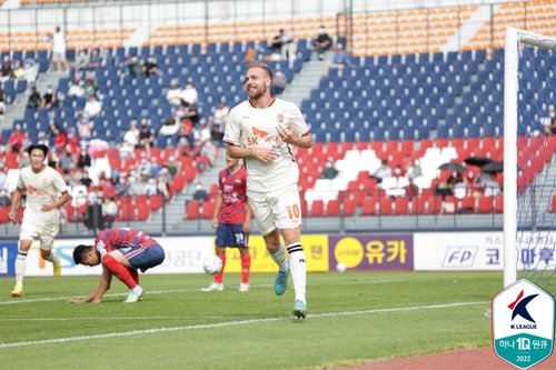 결승골을 넣고 기뻐하는 제주 조나탄 링. [한국프로축구연맹 제공. 재판매 및 DB 금지]