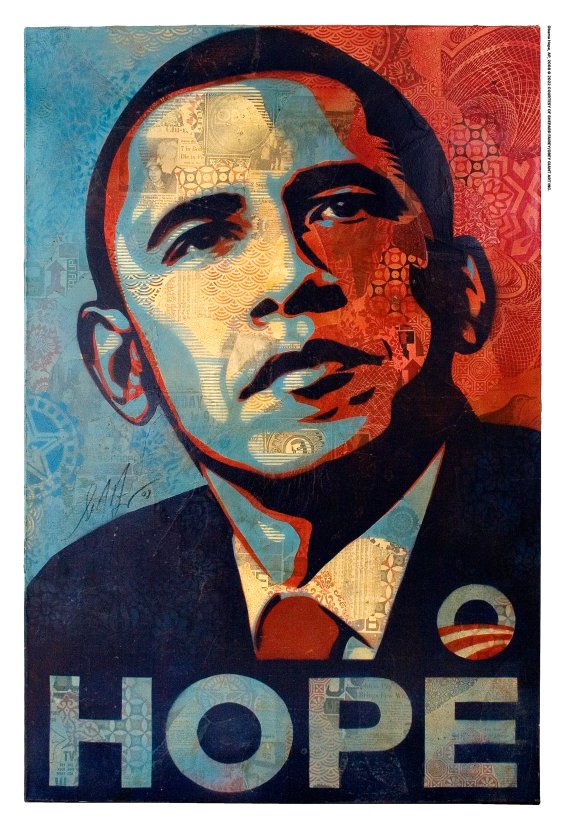 셰퍼드 페어리가 2008년 미국 대선 당시 오바마의 초상을 바탕으로 제작한 포스터 '호프'. fnDB