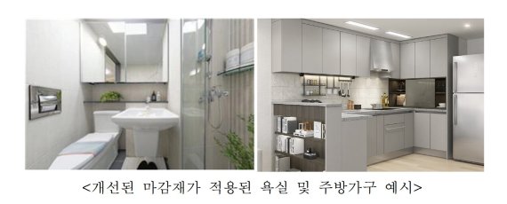 LH는 올해부터 통합공공임대 마감재를 분양주택 수준으로 상향한다. 개선된 마감재를 활용한 욕실(위 사진)과 주방가구 LH 제공