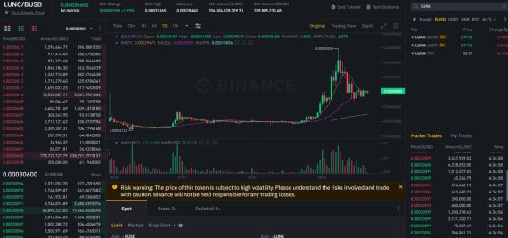 바이낸스 거래소는 21일 루나클래식 코인에 대한 주의 문구를 거래창에 같이 게시했다. (바이낸스 거래창 캡처)