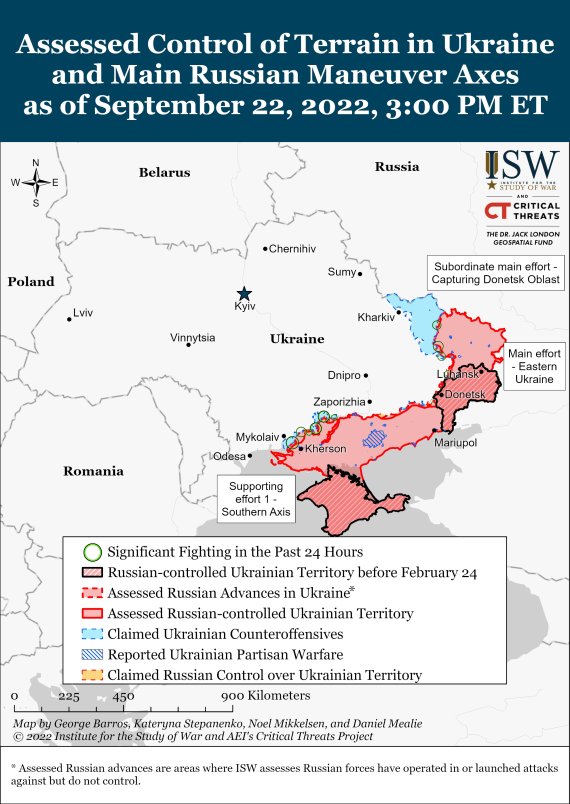 미국 전쟁연구소(ISW)가 시각화 한 2022년 9월 22일 기준 우크라이나 전황.