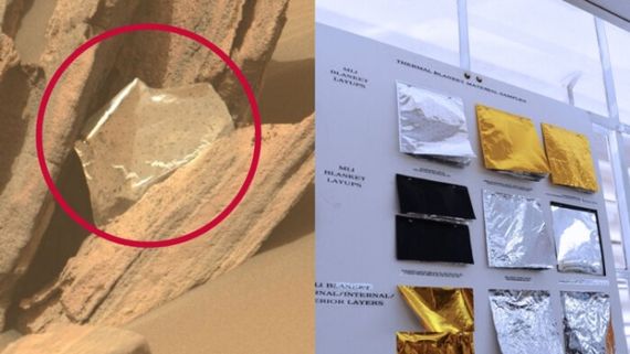 작년 6월 화성 지표면 암성에서 발견된 로버의 온도 조절용 담요 조각. 사진='나사 퍼서비어런스 로버' 트위터, SBS