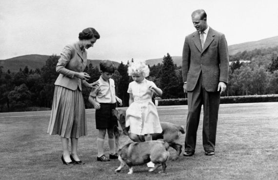 엘리자베스 2세 여왕(가장 왼쪽)이 1955년 아들 찰스 왕세자, 딸 앤 공주 그리고 반려견인 웰시코기와 시간을 보내는 모습. AP연합뉴스