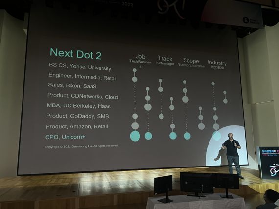 하대웅 아마존웹서비스(AWS) 사업 총괄(Head of Product)이 27일 경기 성남 네이버 그린팩토리 커넥트홀에서 열린 '실리콘밸리의 한국인 2022' 콘퍼런스에서 강연을 진행하고 있다. 임수빈 기자