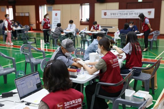 고려대의료원이 지난 23일 서울 동대문구청 다목적 강당에서 취약계층 어르신을 대상으로 한 의료지원 지원활동을 펼치고 있다.(고려대의료원 제공)