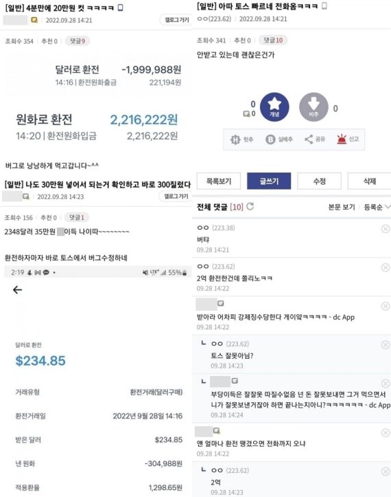 누리꾼들의 환차익 인증글. (온라인 커뮤니티 갈무리)