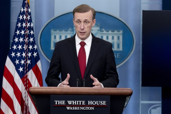 epa10216532 National Security Advisor to US President Joe Biden, Jake Sullivan, discusses the response of the United States to Russia's annexation of territories in Ukraine, during a news conference in the James Brady Press Briefing Room of the White House in Washington, DC, USA, 30 September 2022. 