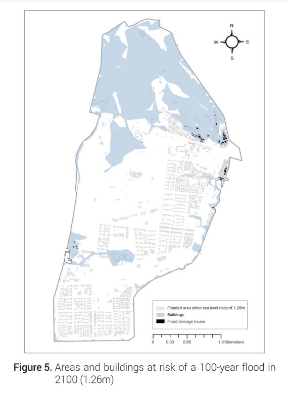 2100년 해일고가 1.26m까지 높아졌을 경우 100년 빈도 침수 피해가 발생할 가능성이 높은 지역이 파란색으로 표시돼 있다. (국토계획 제57권 제4호) ⓒ 뉴스1