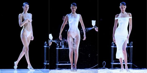 파리 패션 위크에서 패션 브랜드 '코페르니'가 모델의 몸 위에 섬유 스프레이를 뿌려 10분 만에 드레스를 완성하는 모습을 선보였다. AFP연합뉴스