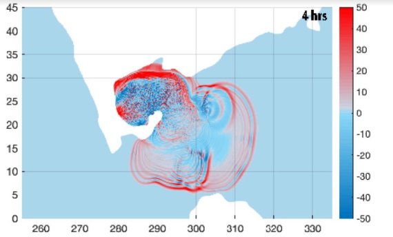 충돌 4시간 뒤 쓰나미 영향 해역 [Range et al. in AGU Advances, 2022. 제공/ 재판매 및 DB 금지] photo@yna.co.kr