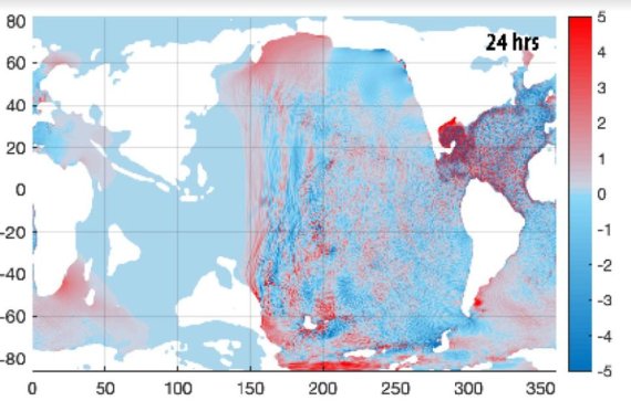 충돌 24시간 뒤 쓰나미 영향 해역 [Range et al. in AGU Advances, 2022. 제공/ 재판매 및 DB 금지] photo@yna.co.kr