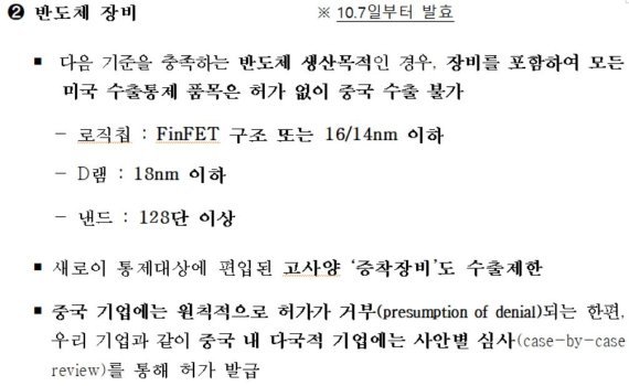 미국 상무부가 발표한 반도체 장비 대중국 수출 통제 내용. 산업통상자원부 제공. 연합뉴스