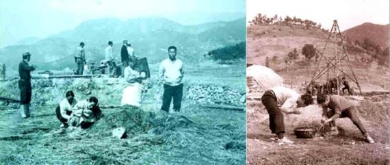 1973년 1월 당시에 찍힌 온천 발견지(왼쪽), 최초의 온천공 작업(창녕군청 제공)