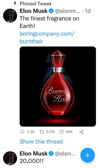 일론 머스크 테슬라 최고경영자(CEO)가 트위터에 공개한 향수 신제품.사진=트위터캡처