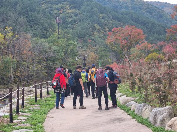 가을 단풍 절정이 시작된 16일 강원 강릉 연곡면 오대산국립공원 소금강계곡을 찾은 단풍객들이 휴일을 즐기고 있다. 2022.10.16/뉴스1 ⓒ News1 윤왕근 기자
