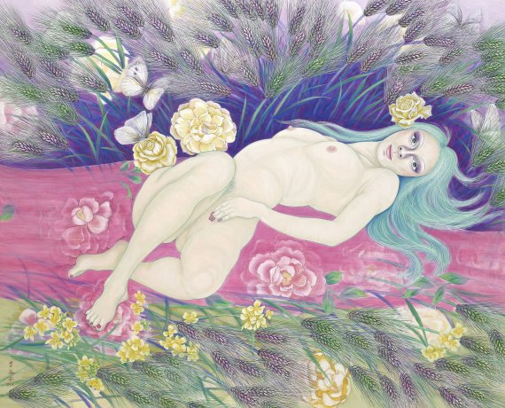 이숙자, 이브 - 봄의 환상 Eve - Spring Fantasy 2013 162.1x130.3cm 순지5배접, 암채 Stone color on Korean paper(선화랑 제공)