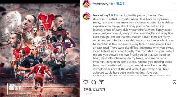 은퇴 소감을 전한 프랑크 리베리 [프랑크 리베리 인스타그램 캡처. 재판매 및 DB 금지]