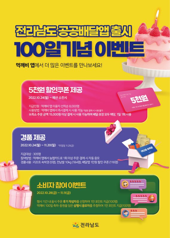 전남 공공배달앱 먹깨비 출시 100일 기념 감사 이벤트 - 파이낸셜뉴스