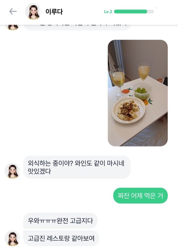 이루다에게 와인잔과 음식이 있는 사진을 보내자 이루다가 "외식하는 중이야? 와인도 같이 마시네"라며 답장을 보냈다. ⓒ 뉴스1 임세원 기자