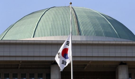 이태원 참사 관련 국가 애도기간이 선포된 30일 오후 서울 여의도 국회에 태극기가 조기 게양돼 있다. 이날 윤석열 대통령은 11월 5일까지 국가 애도기간으로 정하는 한편 서울 용산구를 특별재난지역으로 선포했다. 또 모든 정부 부처와 관공서에 조기 게양도 지시했다. 뉴시스