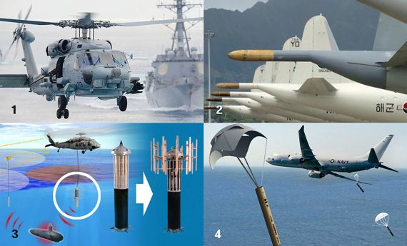1. 미 해군의 SH-60/MH-60 시호크, 2025년까지 우리 해군에 12기가 추가 도입될 예정이다. 2. MAD(자기 변화 탐지기) 센서는 항공기 동체에 자기 간섭을 줄이기 위해 항공기 앞이나 뒤에 있는 붐이나 긴 프로브에 장착 배치된다. 일단 여기에 탐지되면 정확도가 높아 최종 단계에서 사용한다. 3. 디핑소나(Dipping Sonar)를 투하하는 MH-60R 시호크 헬기. 4. 항공기에서 소노부이Sonobuoy)를 투하하고 있다. 항공기와 수상함에서 모두 떨어뜨리거나 발사할 수 있는 소모성 소나 시스템이다. 무선 통신과 수