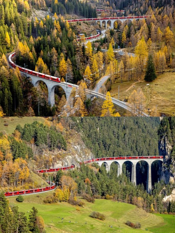 스위스 알프스를 달리는 세계 최장 열차. (래티셰 철도 제공)