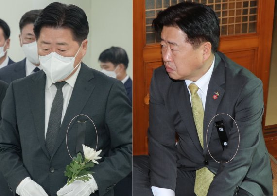 지난달 31일 오영훈 지사가 이태원 참사 분향소에서 헌화하는 모습. 글씨없는 리본을 달고 있다(왼쪽), 지난 2일 4·3 유족을 만난 오 지사. 글씨가 쓰인 리본을 달고 있다.2022.11.3/뉴스1