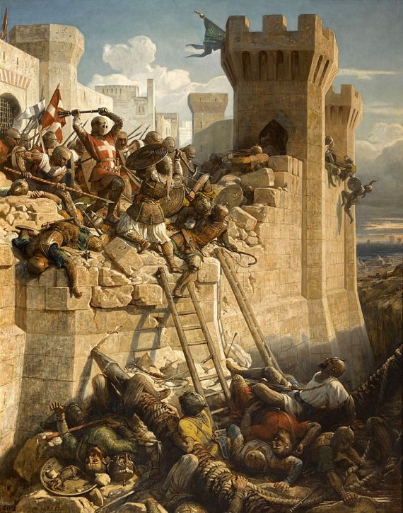 1291년 벌어진 아크레 공성전에서 십자군과 이슬람의 전투 장면을 그린 그림. 사진=위키피디아.