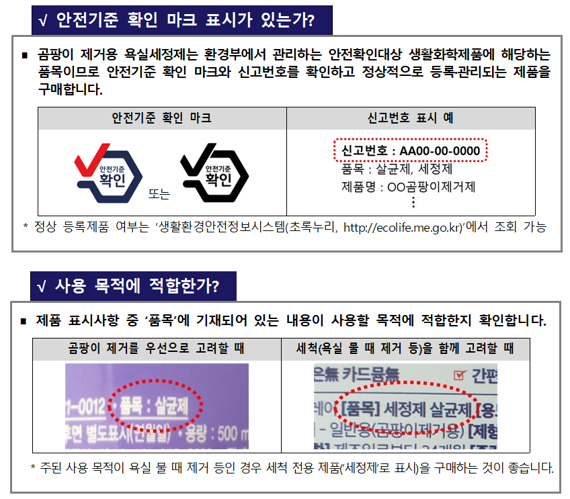 곰팡이 제거용 욕실세정제 소비자 구매·선택 가이드. 한국소비자원 제공