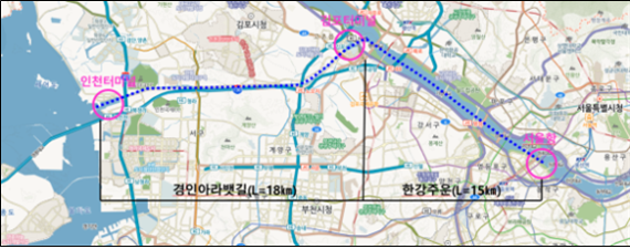 한강과 경인아라뱃길을 잇는 '세계로 향하는 서해뱃길' 사업 예상 위치도 / 사진=서울시 제공