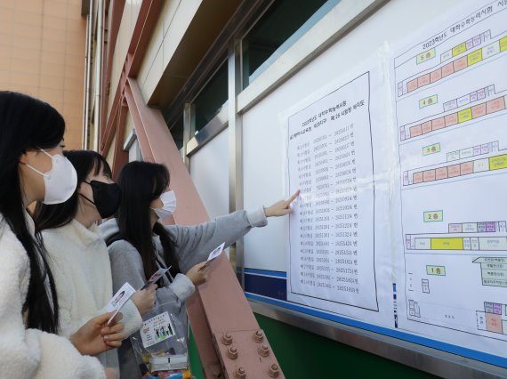 2023학년도 대학수학능력시험 예비소집일인 16일 오전 울산강남고등학교에서 수험생들이 수능 시험장 정보를 확인하고 있다. /사진=뉴스1