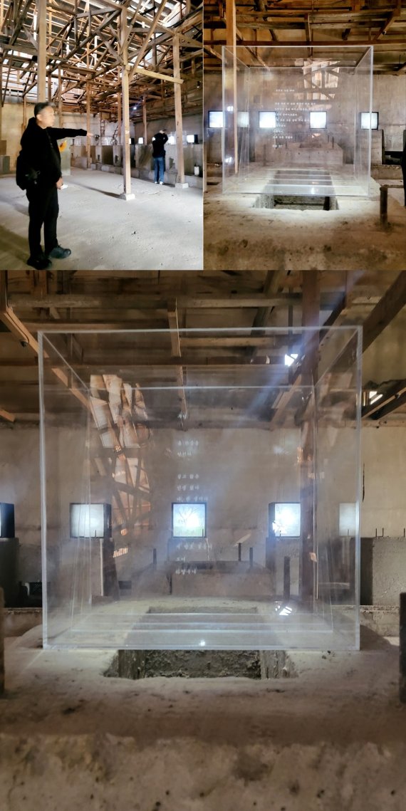 [익산=뉴시스]박현주 미술전문기자= 조덕현 작가가 108년 된 춘포도정공장을 시공간을 넘나드는 투명한 공간으로 탈바꿈시켰다. 김용택 시인의 시를 종이가 아닌 유리에 가늘고 여린(문체부 정체)흰 글씨로 담아 공장의 옛 모습을 그대로 살린 채 현재와 조우하게 한다. 2022.11.17, hyun@newsis.com.